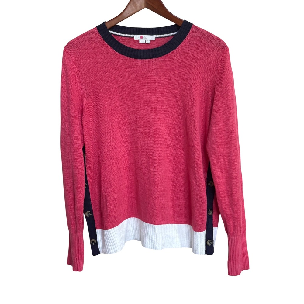 Boden Colorblock Linen Knit Sweater Pink Navy White Button Side Women Size 14